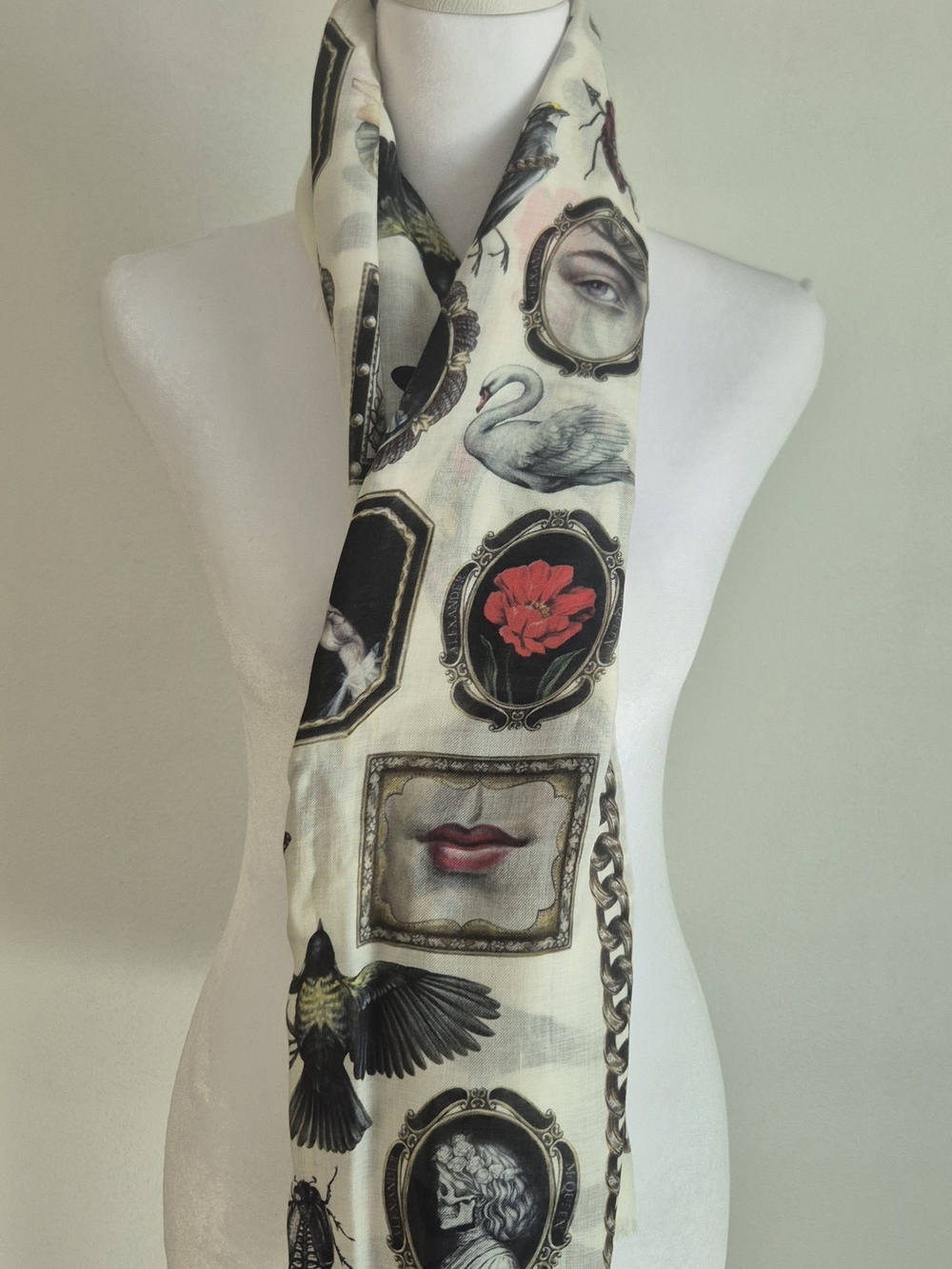 Alexander McQueen Cashmere Silk Cream Printed Portrait & Motif Scarf
